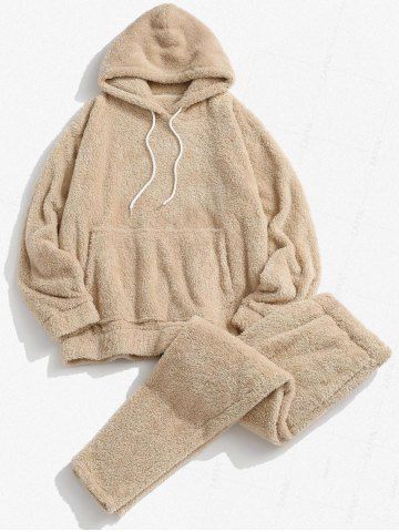 Solid Front Pocket Fluffy Hoodie And Pants