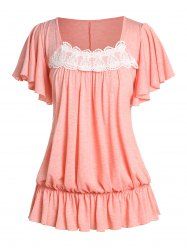 T-shirt Courbe en Dentelle Insérée à Manches Bouffantes de Grande Taille - Rose clair 5X