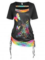 Plus Size & Curve Cinched Flower Butterfly Print T-shirt -  