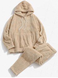 Solid Front Pocket Fluffy Hoodie And Pants -  