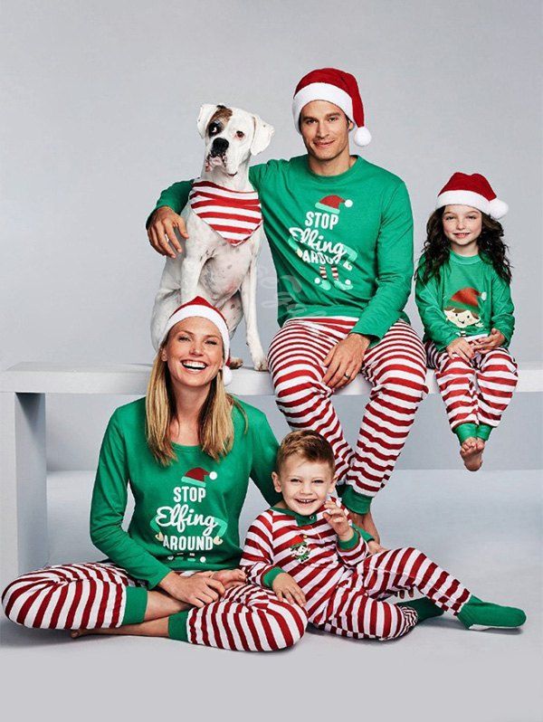 Fancy Christmas Striped Graphic Family Matching Pajamas Set  