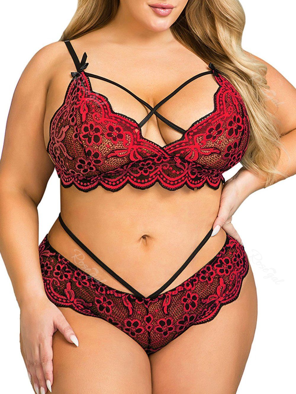 Affordable Plus Size Lace Cross Sheer Scalloped Trim Bralette Set  