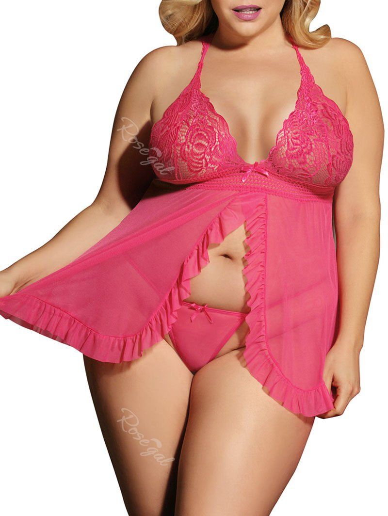 Chic Plus Size Lace Mesh See Thru Sexy Lingerie Set  