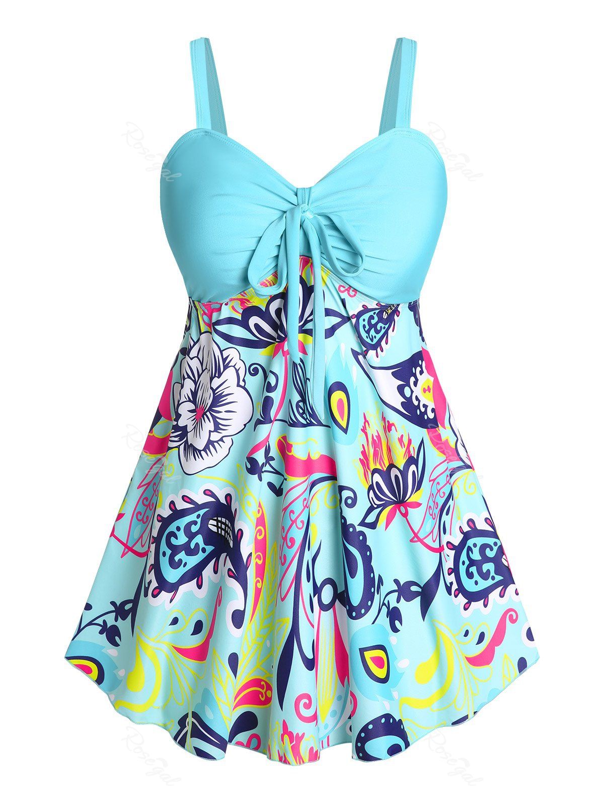 Hot Plus Size Floral Print Ruched Empire Waist Modest Tankini Swimwear  
