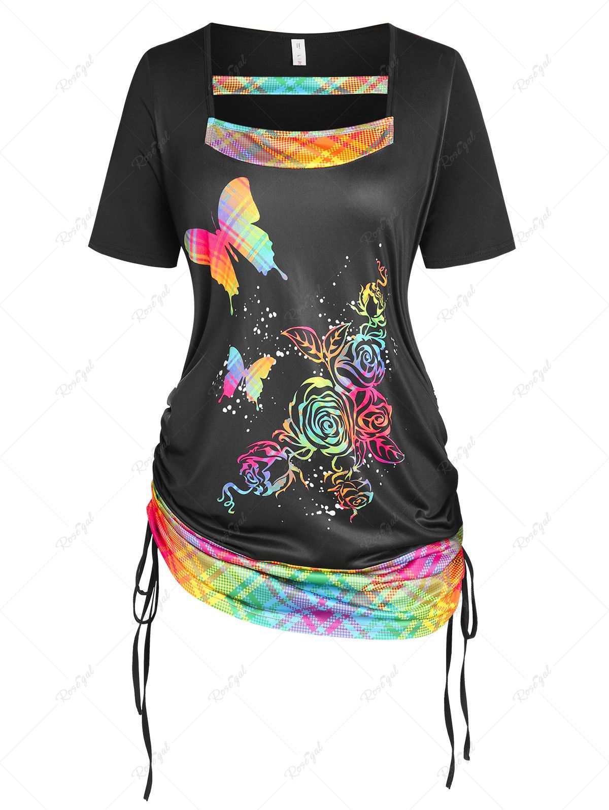 T-shirt Sanglé Curve à Imprimé Fleur et Papillon de Grande Taille Noir 3X