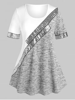 Plus Size Colorblock Spliced Sequin T-shirt - WHITE - 2X