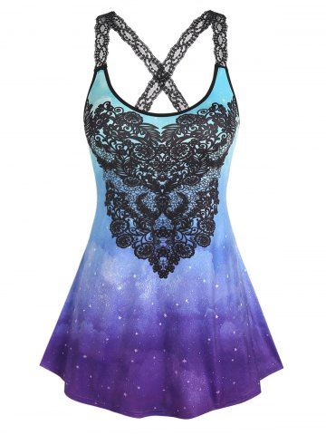 Plus Size Ombre Galaxy Print Lace Criss Cross Tank Top - LIGHT BLUE - 1X