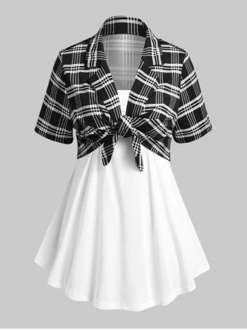 Plus Size & Curve Lapel Front Tie Plaid Top and Camisole Set - BLACK - M | US 10