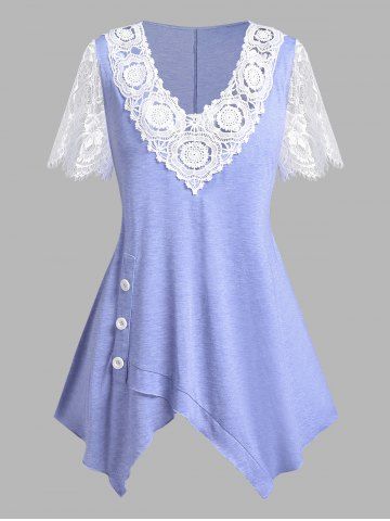 Plus Size & Curve Handkerchief Applique Sheer Lace Sleeve T-shirt - LIGHT PURPLE - 1X | US 14-16