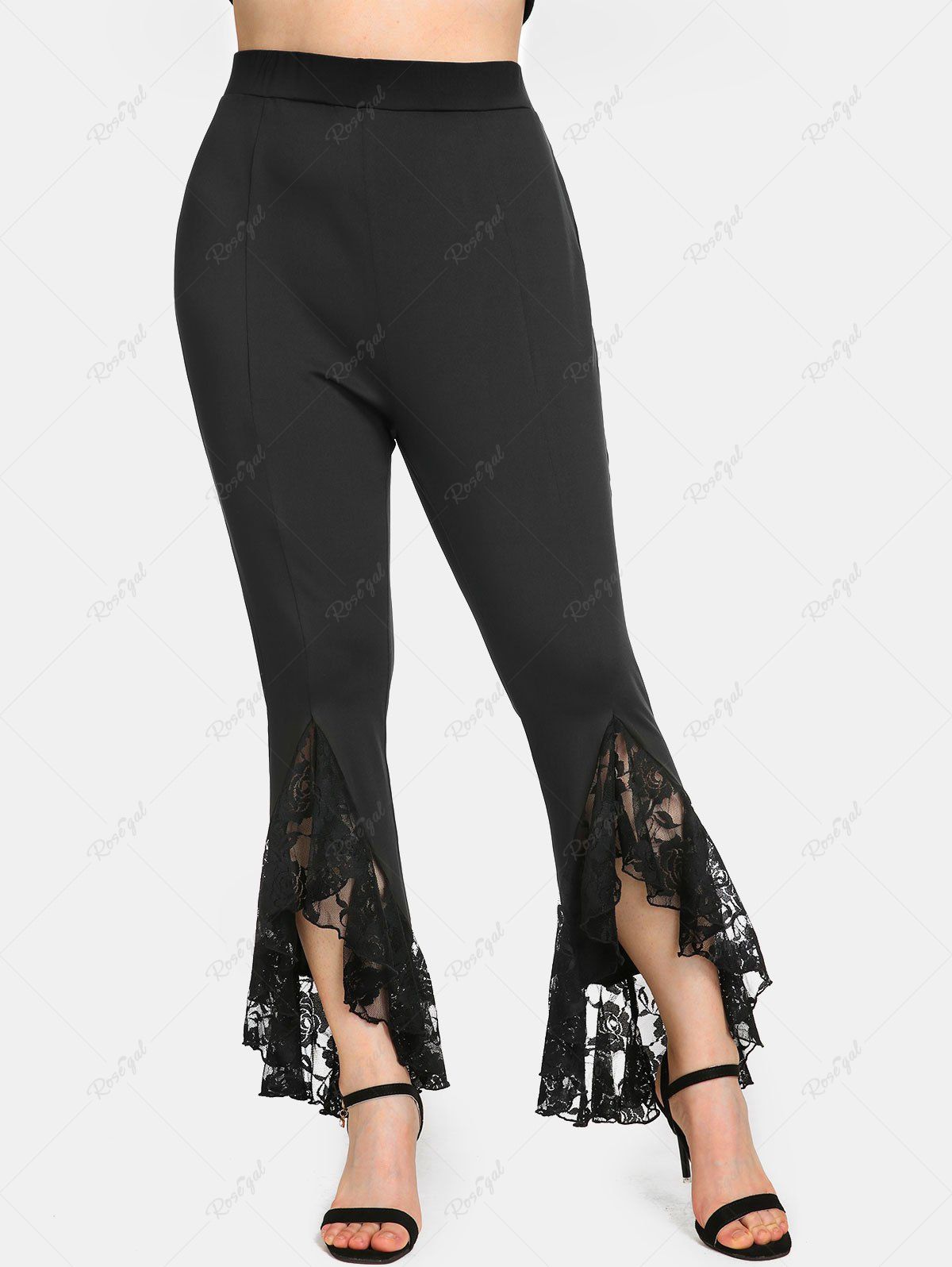 Trendy Plus Size&Curve Lace Panel Slit High Rise Flare Pants  