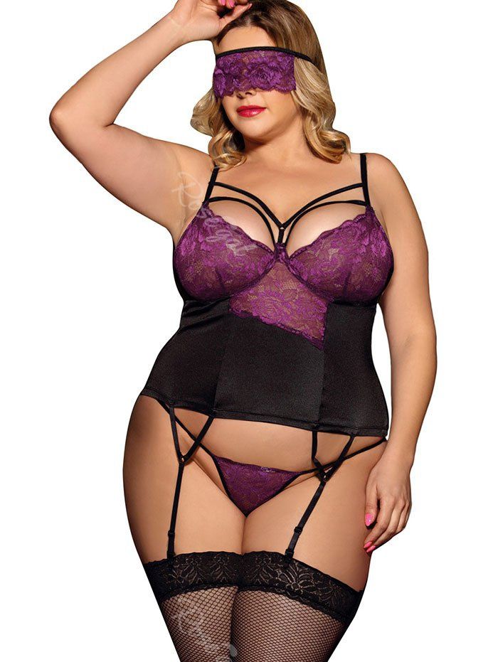 Latest Plus Size Lace Sheer Garter Sexy Lingerie Camisole Set  