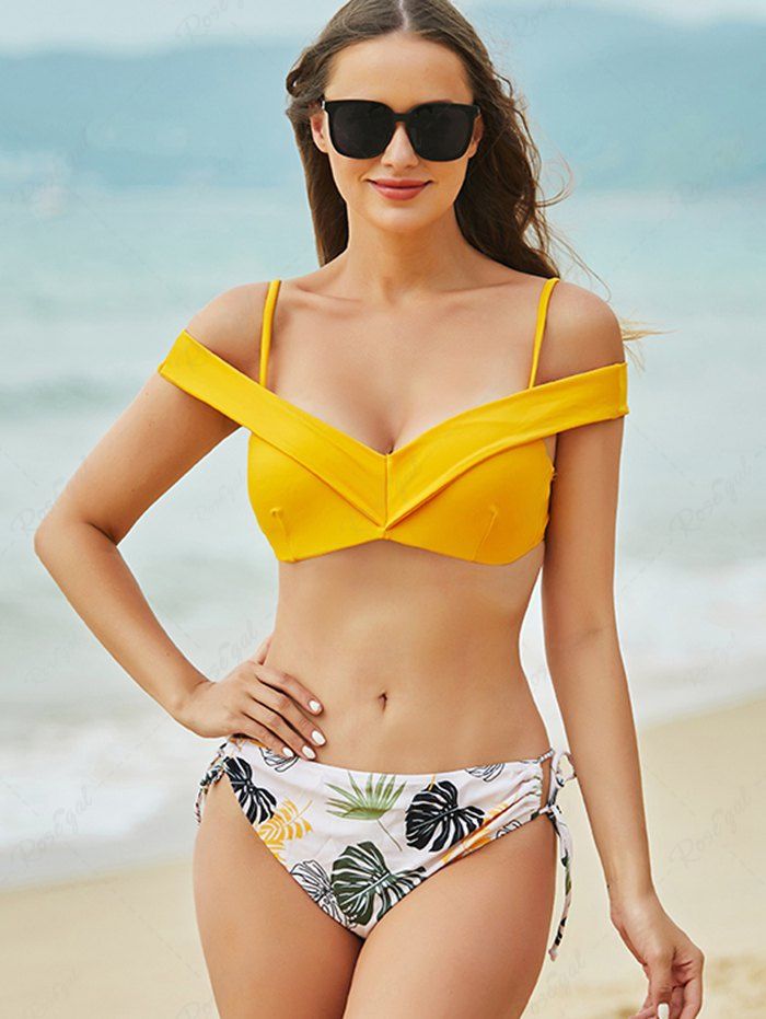 Maillot de Bain Bikini Push-Up Noué à Imprimé Feuilles Jaune L