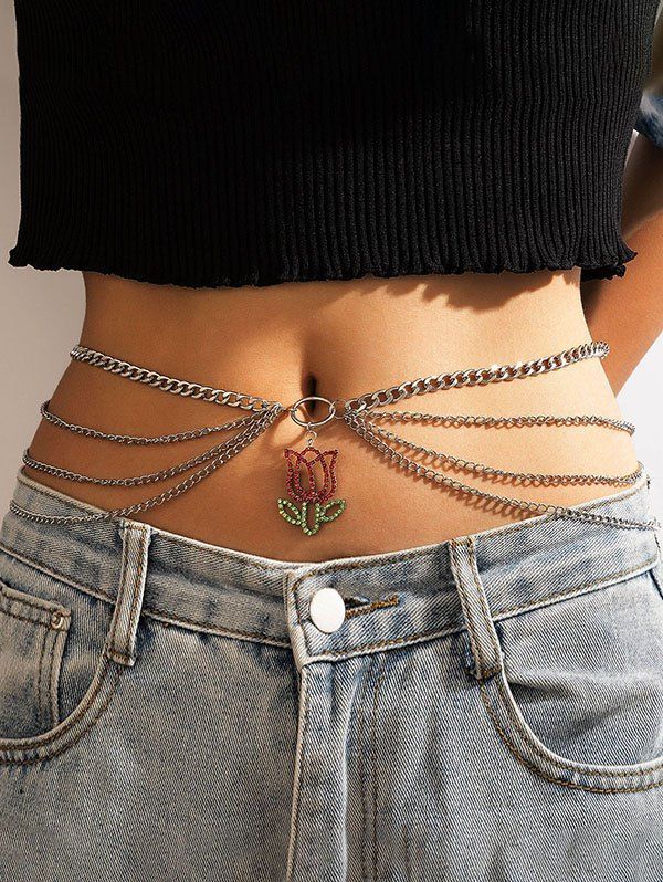 Shops Hollow Flower Diamante Multilayered Belly Chain  