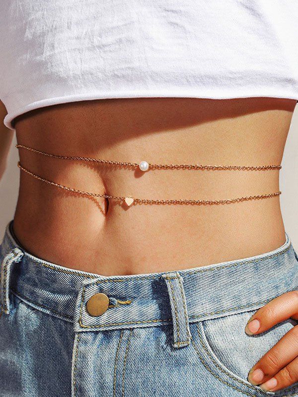 Best Minimalist Faux Pearl Heart Layered Belly Chain  