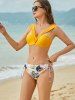 Maillot de Bain Bikini Push-Up Noué à Imprimé Feuilles - Jaune L