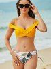 Maillot de Bain Bikini Push-Up Noué à Imprimé Feuilles - Jaune L