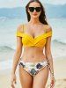 Maillot de Bain Bikini Push-Up Noué à Imprimé Feuilles - Jaune L