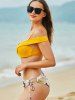 Maillot de Bain Bikini Push-Up Noué à Imprimé Feuilles - Jaune L