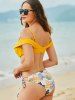 Maillot de Bain Bikini Push-Up Noué à Imprimé Feuilles - Jaune L