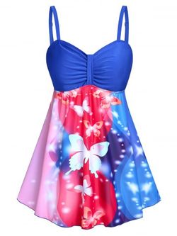 Plus Size & Curve Butterfly Print Empire Waist Modest Swim Dress Set - BLUE - 2X