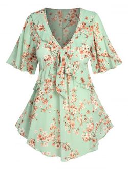 Plus Size & Curve Flutter Sleeve Ruffled Floral Print Blouse - LIGHT GREEN - 2X | US 18-20