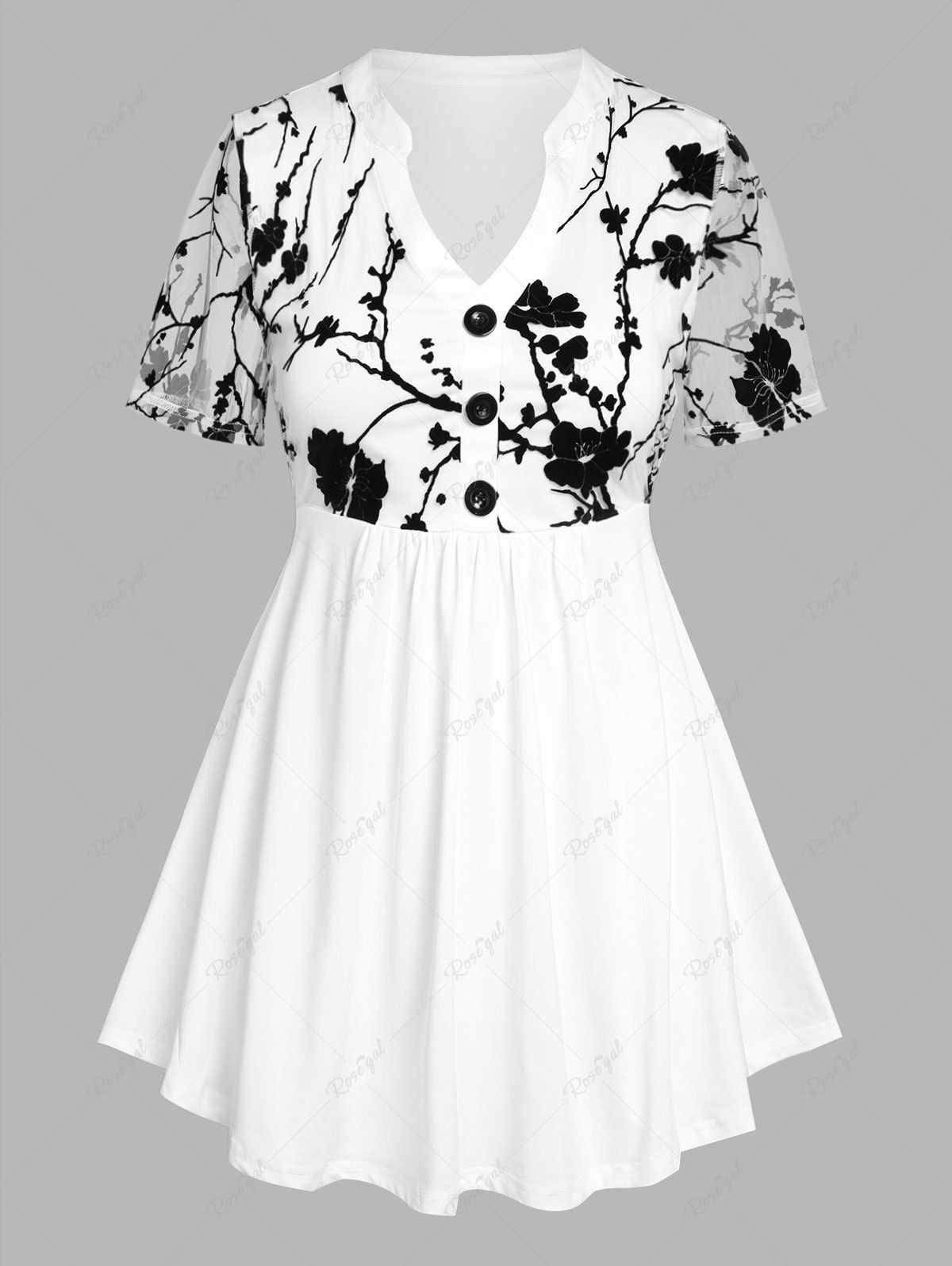 T-shirt Courbe à Imprimé Fleur en Maille Transparente de Grande Taille à Col V Blanc 1x | US 14-16