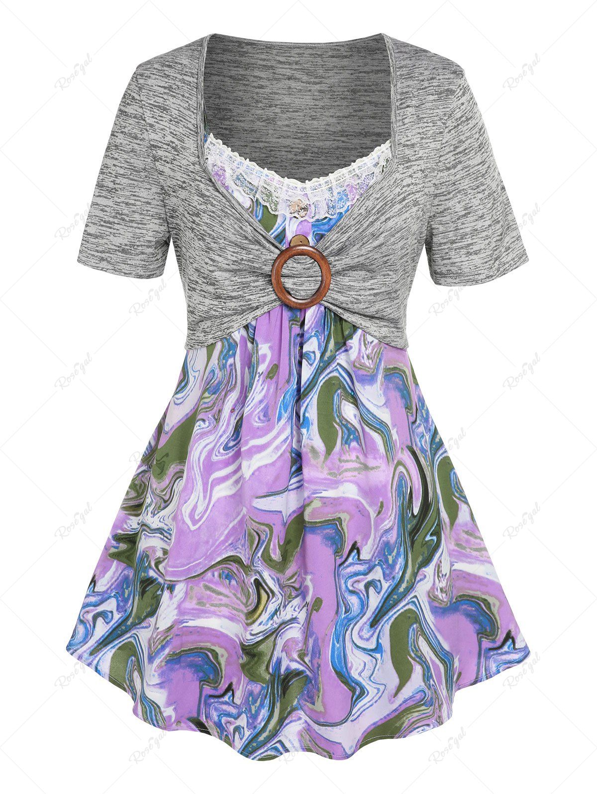 Fancy Plus Size & Curve Marble Print O Ring 2 In 1 Tee  