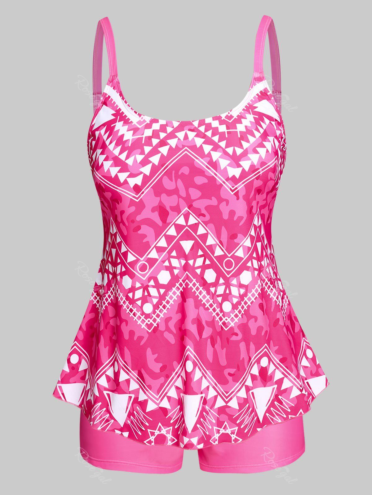 Trendy Skirted Geometric Print Plus Size & Curve Modest Tankini Swimwear  