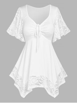 Plus Size Flower Lace Sleeve Handkerchief T Shirt - WHITE - 3X
