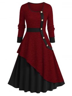 Plus Size Contrasting Color Layered Flared Dress - DEEP RED - 3X