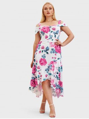 Plus Size Flower Print Overlap High Low Dress