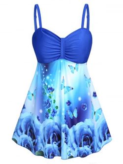 Plus Size & Curve Butterfly Rose Print Ruched Empire Waist Tankini Swimsuit - BLUE - 1X
