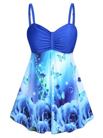 Plus Size & Curve Butterfly Rose Print Ruched Empire Waist Tankini Swimsuit - BLUE - L