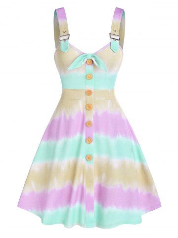 Tie Dye Bowknot Buckled Straps Dress - MULTI - XXXL