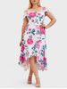 Plus Size Flower Print Overlap High Low Dress -  