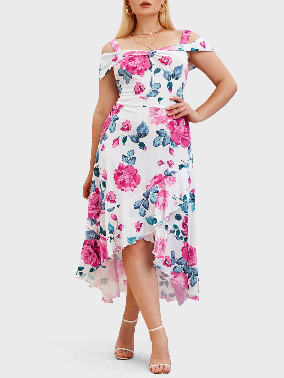 Trendy Plus Size Flower Print Overlap High Low Dress  