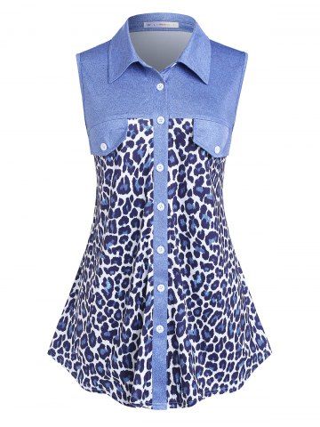 Plus Size Button Up Leopard Print Sleeveless Blouse - BLUE - 3X