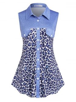 Plus Size Button Up Leopard Print Sleeveless Blouse - BLUE - 3X