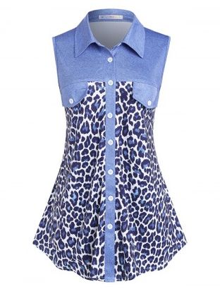 Plus Size Button Up Leopard Print Sleeveless Blouse