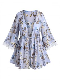 Plus Size & Curve Floral Print Front Tie Kimono - LIGHT PURPLE - M | US 10