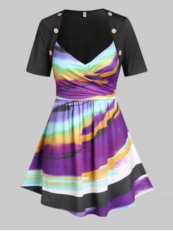 Plus Size & Curve Tie Dye Striped Skirted Ruched Tunic Tee - PURPLE - 4X
