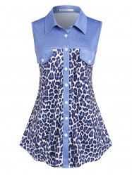 Plus Size Button Up Leopard Print Sleeveless Blouse -  