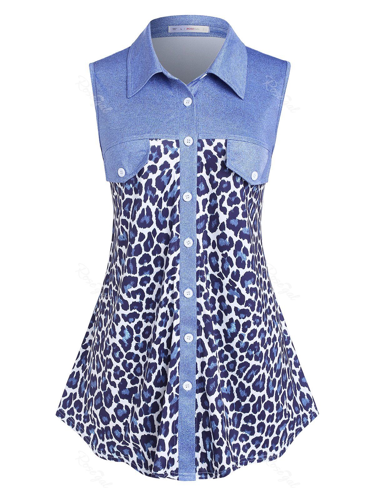 Fancy Plus Size Button Up Leopard Print Sleeveless Blouse  