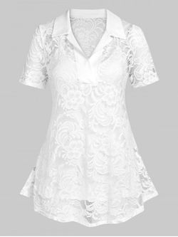 Plus Size Lace Sheer Tunic Blouse with Cami Top Set - WHITE - 1X