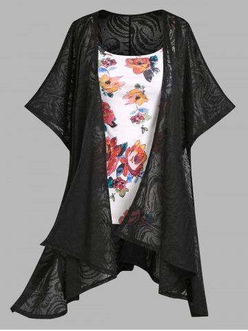 Plus Size & Curve Floral Print Tank Top and Open Front Asymmetric Summer Cardigan - BLACK - 1X | US 14-16