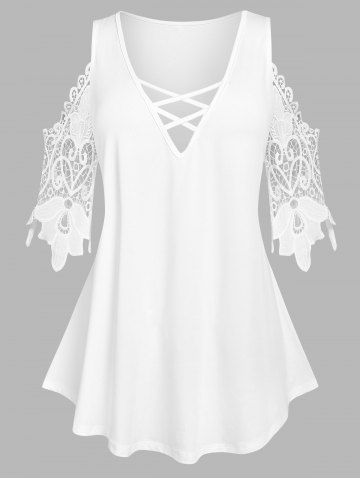 Plus Size Cold Shoulder Lace Sleeve T Shirt - WHITE - 1X