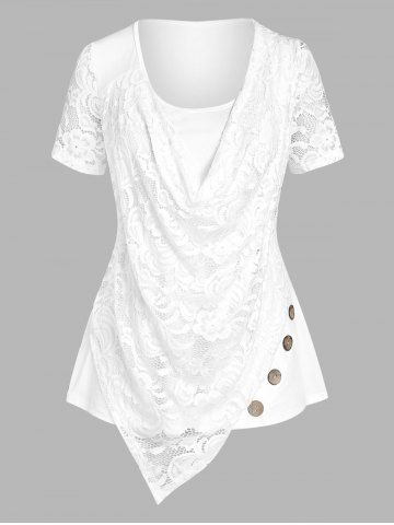 Plus Size & Curve Lace Overlay Cowl Front Tee - WHITE - 4X
