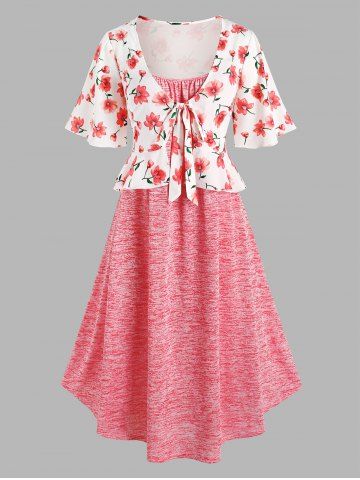 Plus Size & Curve Cami Dress with Cottagecore Flower Tie Front Peplum Blouse - LIGHT PINK - 1X