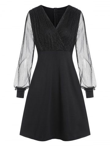 Glitter Mesh Insert Sheer Long Sleeve Dress - BLACK - S