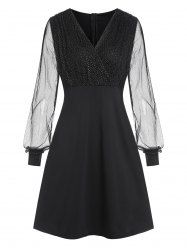 Glitter Mesh Insert Sheer Long Sleeve Dress -  